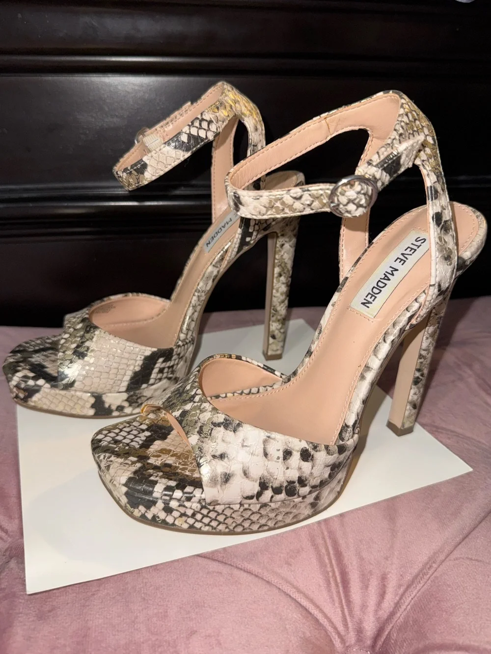 Steve Madden Snakeskin Platform Ankle-Strap Heels in Neutral Tones